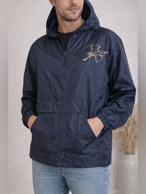 Vintage Style Navy Hooded Windbreaker Pullover Jacket Lightweight  Bird Graphic
